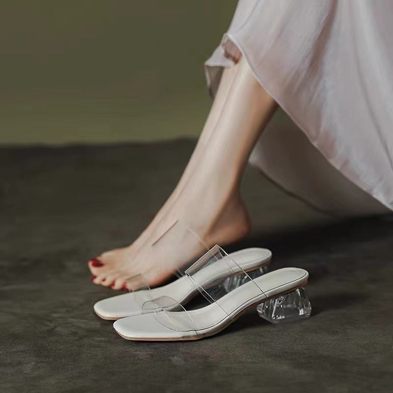 Damen Minimalistische Doppelriemen Mules mit transparentem Obermaterial und geometrischem Blockabsatz – Avérine