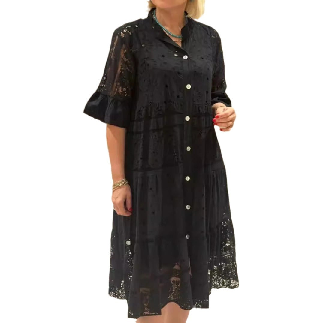 Damen nan Hemdblusen-Midikleid mit Spitzen-Einsätzen, Stufenrock und durchgehender Knopfleiste Echo Archiv