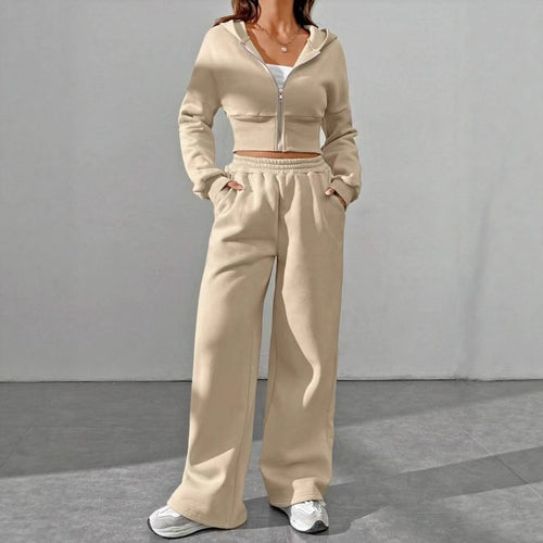 Damen nan kurzes Kapuzen-Sweatshirt mit Reißverschluss und weite High-Waist Jogginghose Echo Archiv