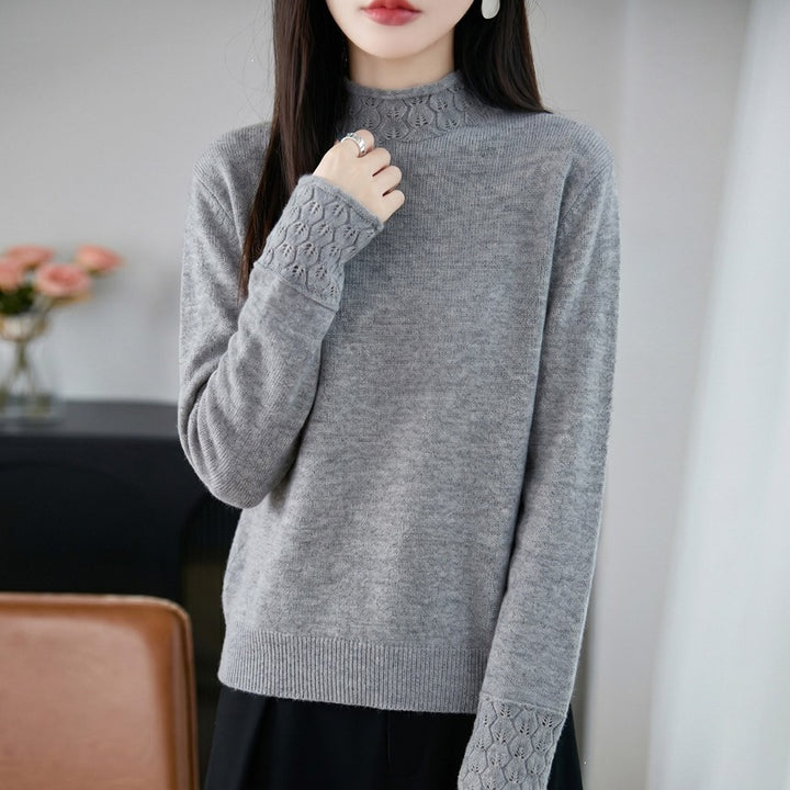 Damen Mockneck-Feinstrickpullover mit Ajour-Detail an Kragen und Bündchen Echoarchiv