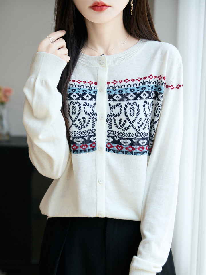 Damen Leichter Feinstrick-Cardigan mit nordischem Jacquardmuster und feiner Knopfleiste Echoarchiv