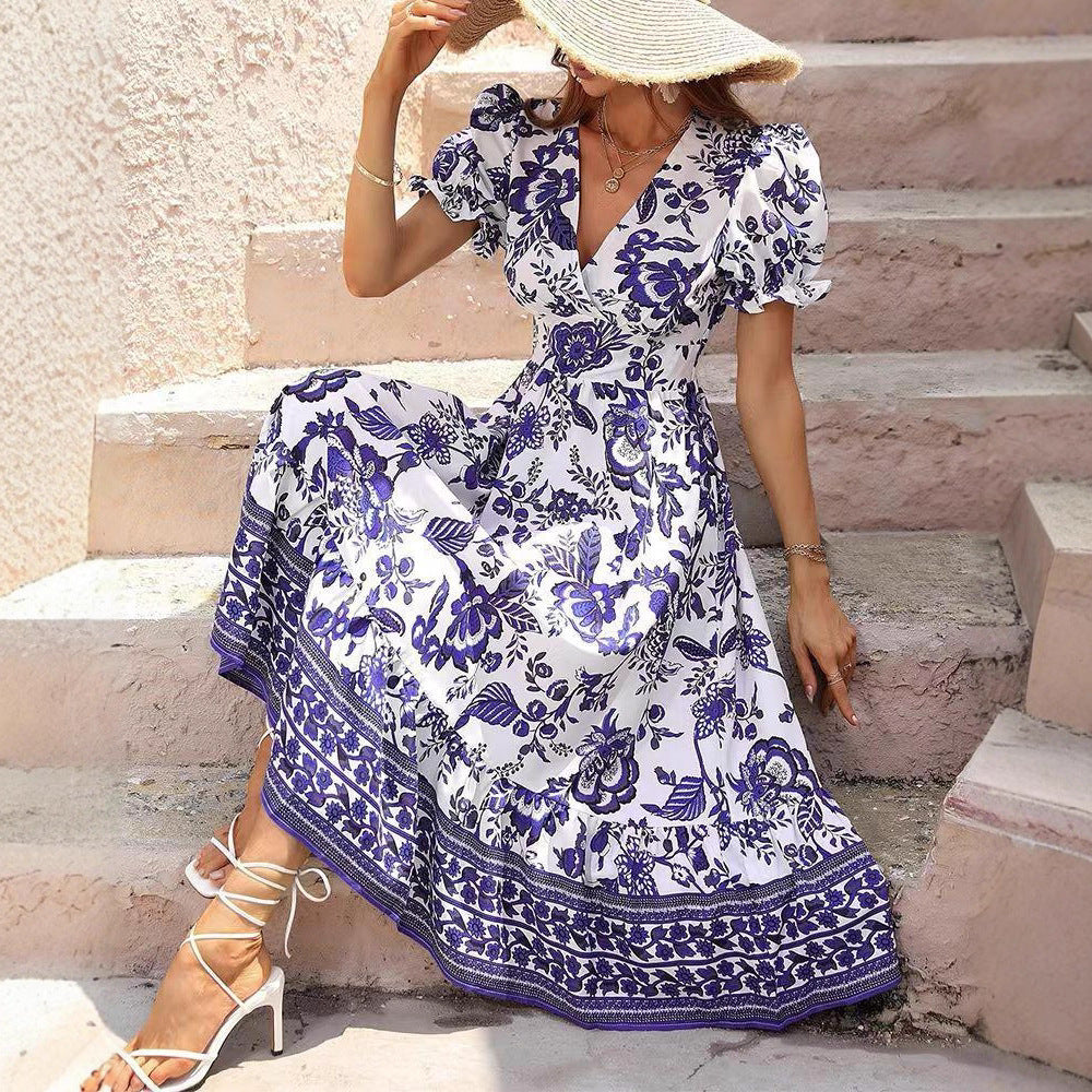Damen nan tailliertes Boho-Maxikleid mit Wickeloptik V-Ausschnitt Puffärmeln und Bordüren-Stufenrock Echo Archiv