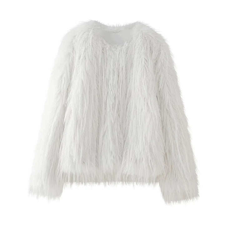 Damen kurze Eco-Kunstpelzjacke mit langfaseriger Flokati‑Optik, Rundhalsausschnitt und nahtverdecktem Innenfutter – Célinea