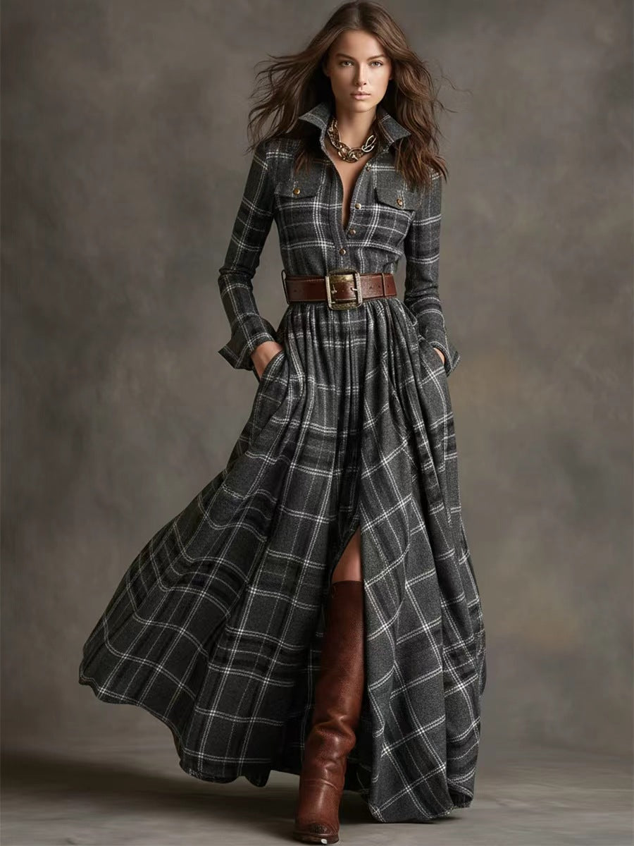 Damen nan karierte Maxikleid Hemdblusenkleid mit ausgestelltem Rock und breitem Taillengürtel Echo Archiv