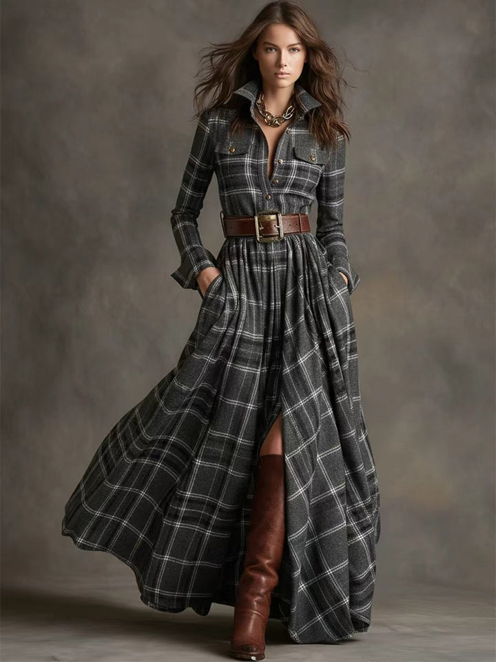 Damen nan karierte Maxikleid Hemdblusenkleid mit ausgestelltem Rock und breitem Taillengürtel Echo Archiv