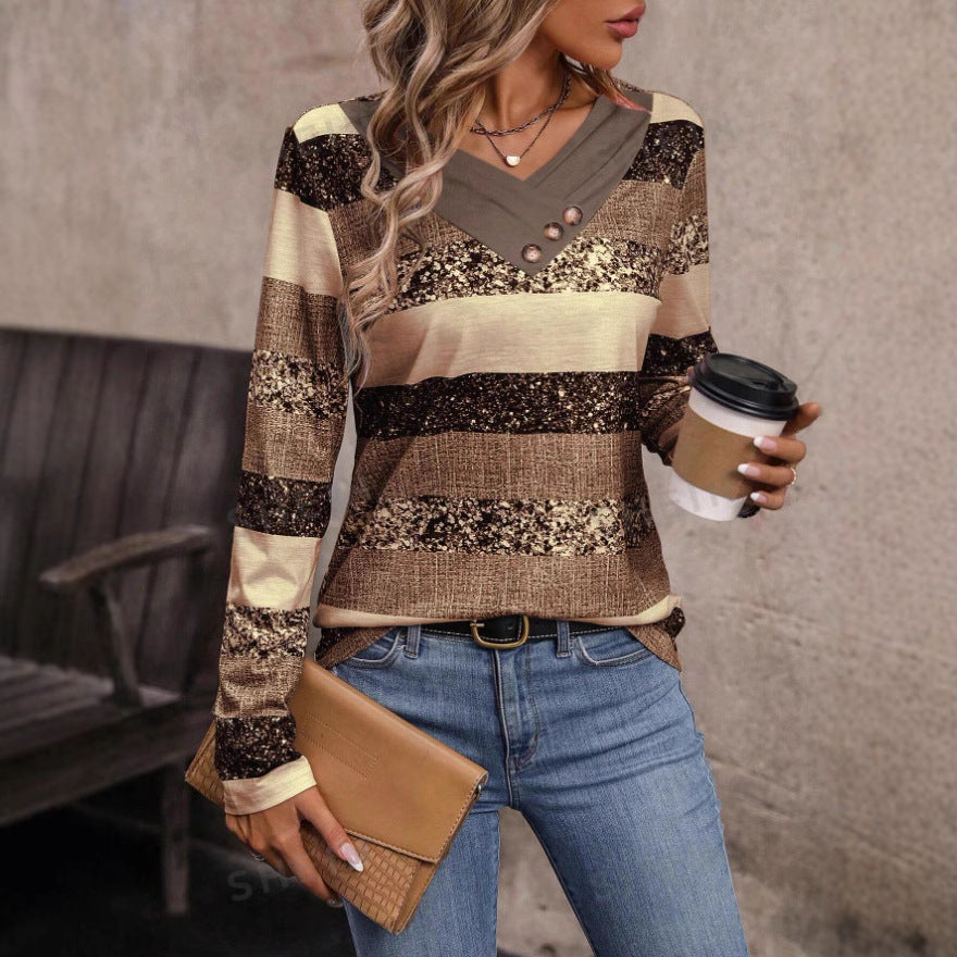 Damen Langarmshirt mit V-Ausschnitt, strukturierter Streifenoptik und Zierknopfleiste – Avérine