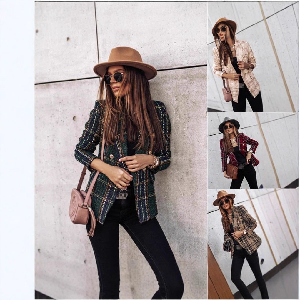 Damen nan eleganter Tweed-Blazer mit Doppelknopf, strukturierter Webung und aufgesetzten Taschen Echo Archiv