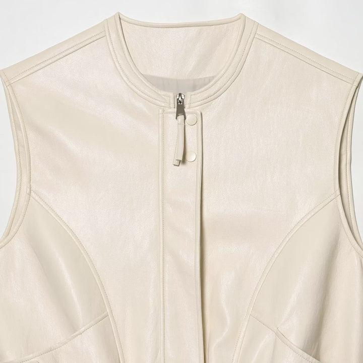 Damen Ärmellose Weste aus Lederoptik mit Stehkragen und tailliertem Schnitt Echoarchiv