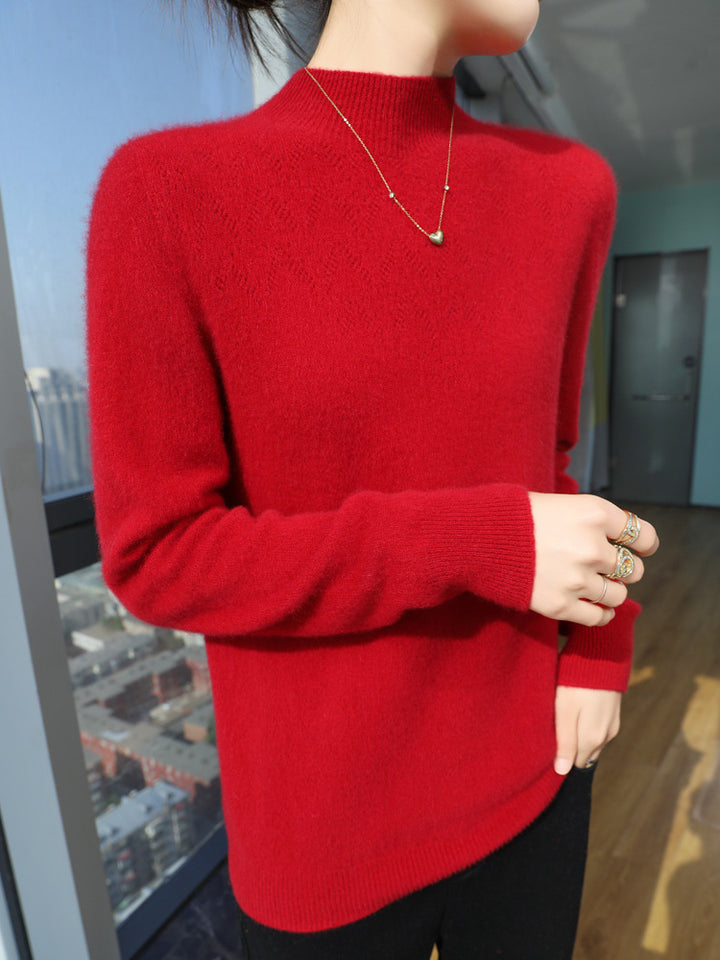 Damen Schlanker minimalistischer Stehkragen-Feinstrickpullover mit geripptem Hals Echoarchiv