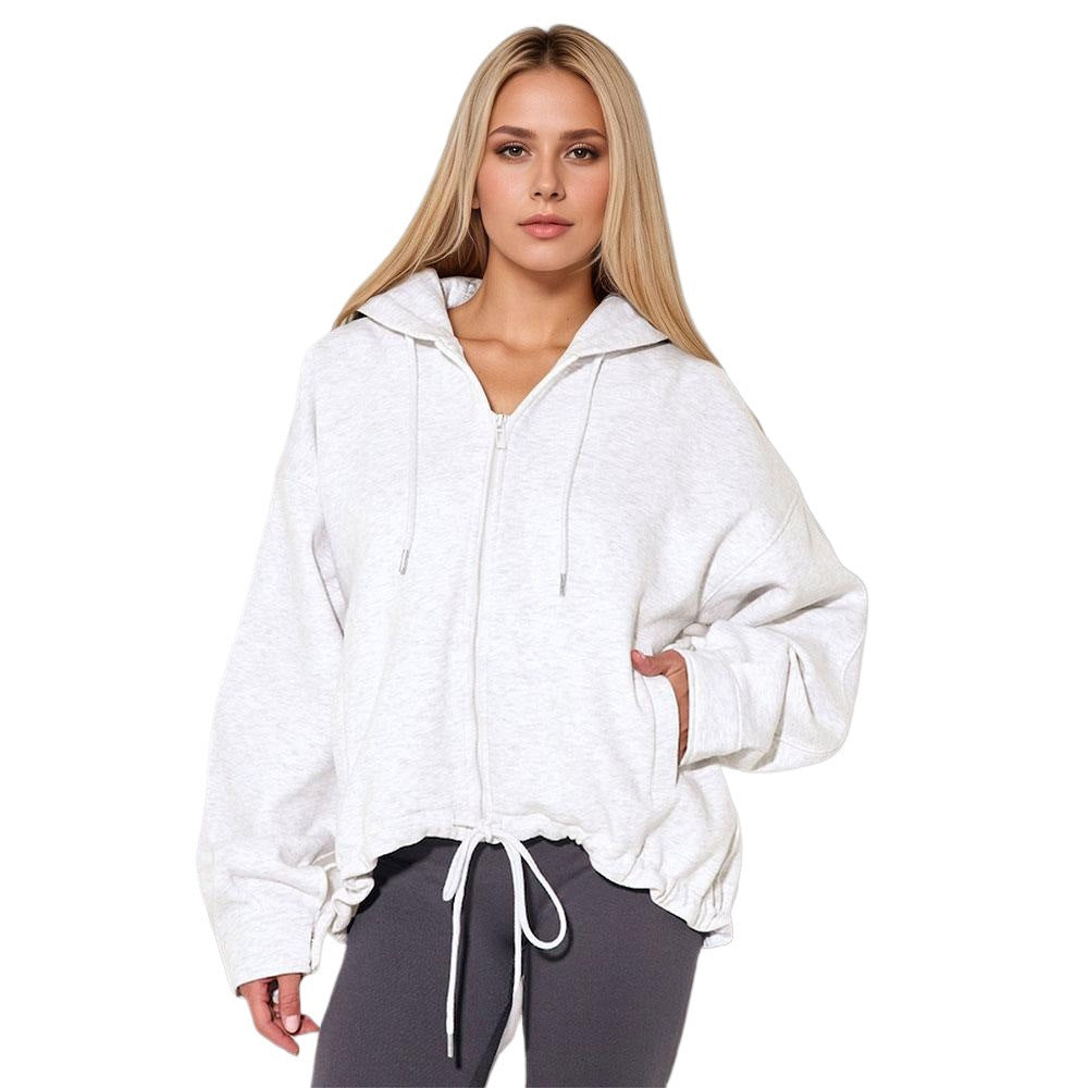 Damen oversized Kapuzenjacke mit Reißverschluss, Tunnelzug-Saum und Kängurutaschen – Auréline
