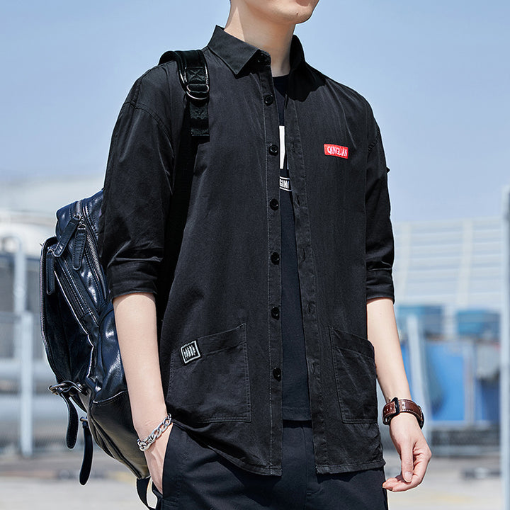 Herren Overshirt‑Hemdjacke im leichten Canvas‑Look mit aufgesetzten Fronttaschen und verkürzten Ärmeln Echoarchiv