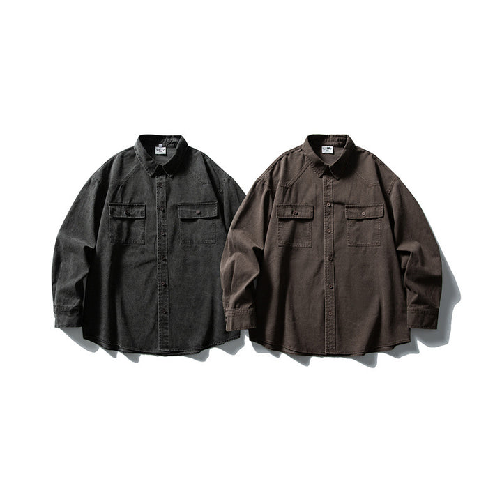 Unisex Oversize Baumwoll-Denim Hemdjacke mit aufgesetzten Brusttaschen und gerundetem Saum Echoarchiv