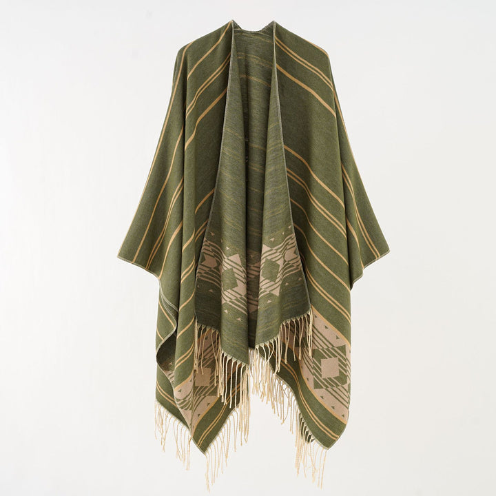 Damen Wollmix-Ruana im grafischen Ethno-Jacquard mit Fransensaum – Avérine