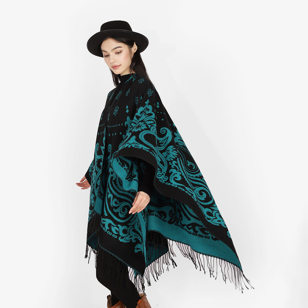Damen Opulenter Jacquard‑Poncho im Kaftan‑Stil mit Fransen und Paisley‑Relief Echo Archiv