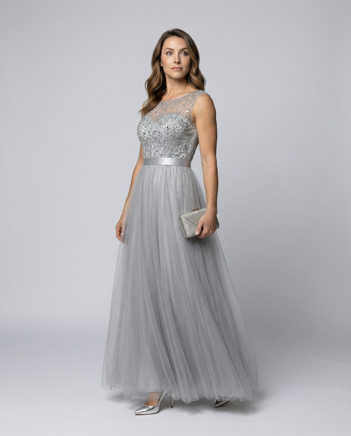 Echoarchiv | Herz-Ausschnitt Maxi Ombre Grau Kleid mit Schaufel-Bodice