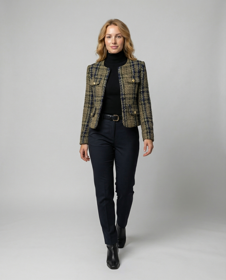 Damen Tweed-Blazerjacke mit goldenen Knöpfen Echoarchiv