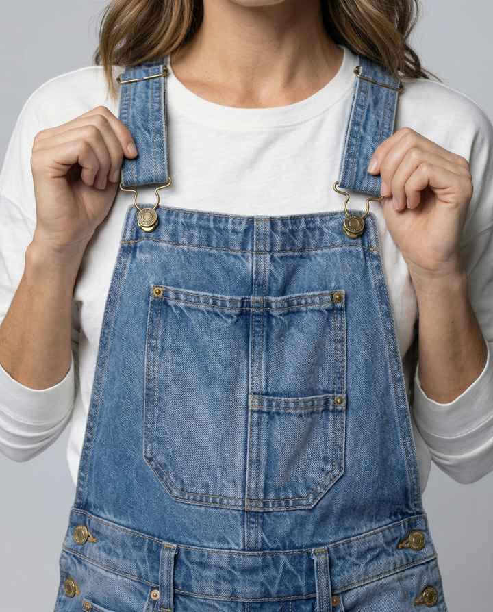 Damen Lässige Denim-Latzhose mit Weit geschnittenem Bein Echoarchiv