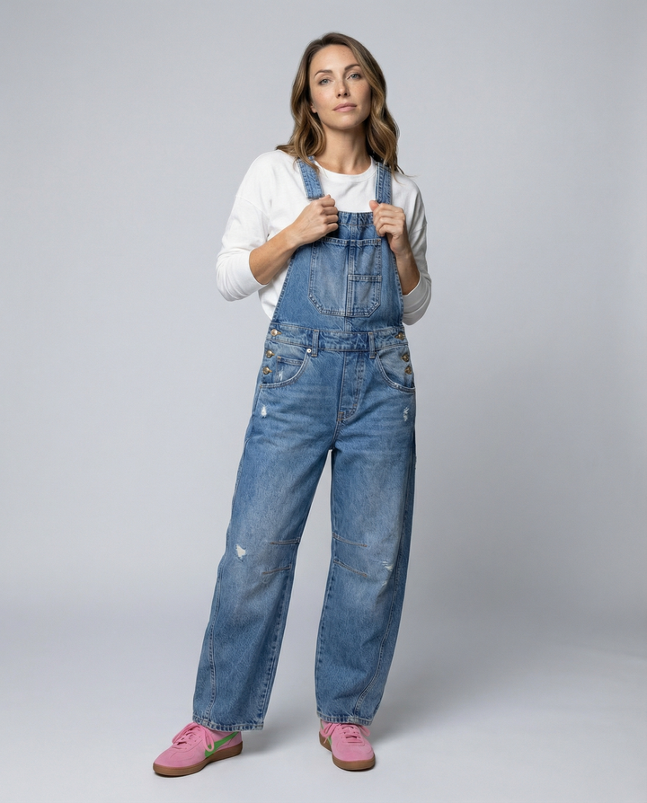 Damen Lässige Denim-Latzhose mit Weit geschnittenem Bein Echoarchiv