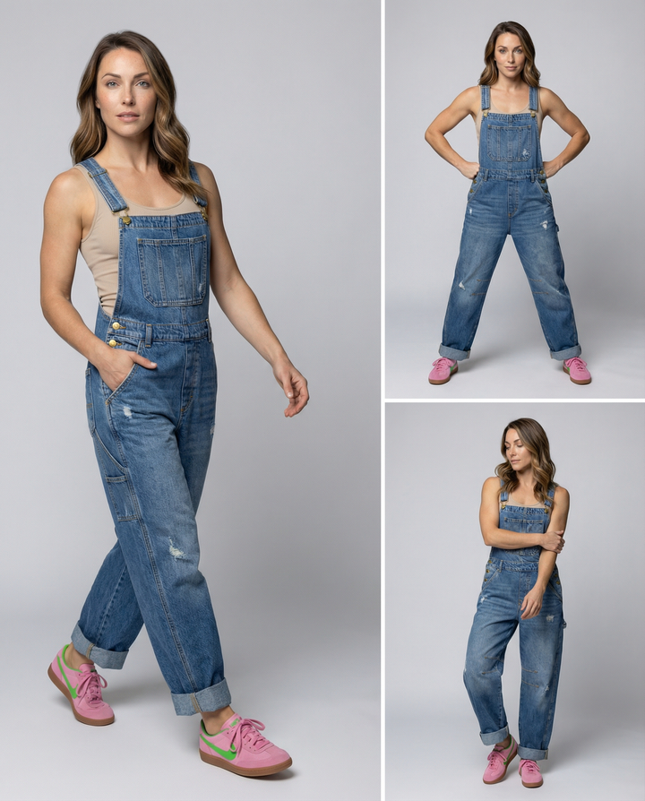Damen Lässige Denim-Latzhose mit Weit geschnittenem Bein Echoarchiv