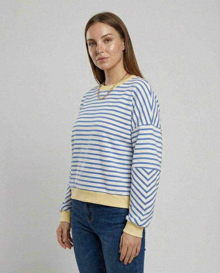 Damen lässiges gestreiftes SwEchoarchivtshirt mit Boxy-Schnitt und kontrastierenden Abschlüssen Echoarchiv