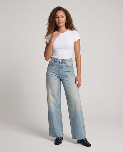Damen Weite High-Waist Vintage-Jeans mit Fransenbund Echo Archiv
