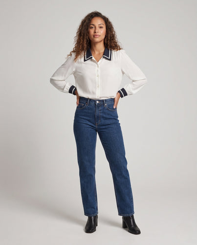 Damen Elegante Viskose‑Bluse mit Kontrastkragen und Ballonärmeln Echo Archiv