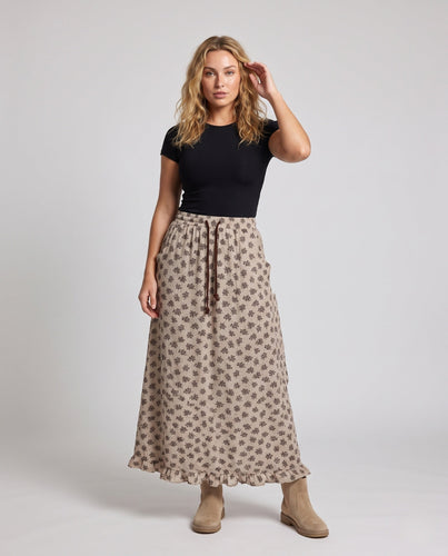Damen Gemusteter Maxi-Strickrock mit Kordelzug und Rüschensaum Echo Archiv