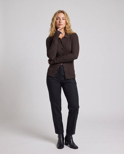 Damen Gerippter Feinstrick-Cardigan mit Hemdkragen und durchgehender Knopfleiste Echo Archiv