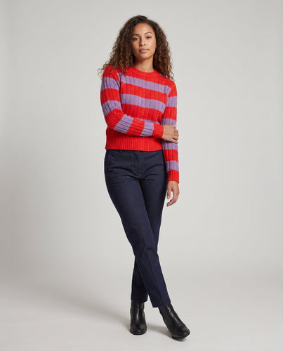 Damen Gestreifter gerippter Cropped-Pullover mit Rundhalsausschnitt Echo Archiv