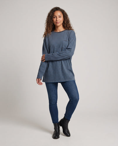 Damen Gestreiftes Oversize‑Longshirt mit verlängerter Silhouette und Brusttasche Echo Archiv