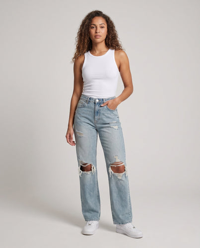 Damen High-Waist Jeans mit weitem Bein und starkem Used-Look Echo Archiv