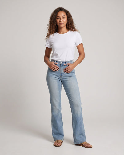 Damen Hochgeschnittene weite Denim-Jeans im Retro-70s Bootcut Echo Archiv