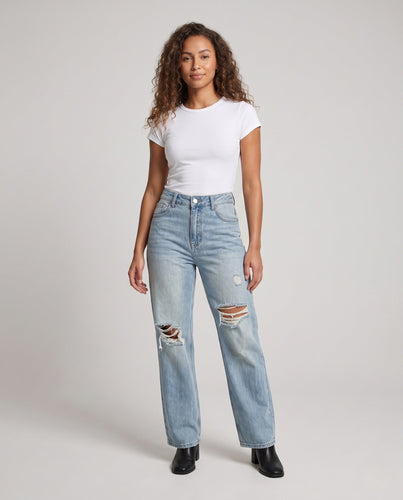 Damen Hochtaillierte weite Jeans mit Distressing und großen Knieausrissen Echo Archiv