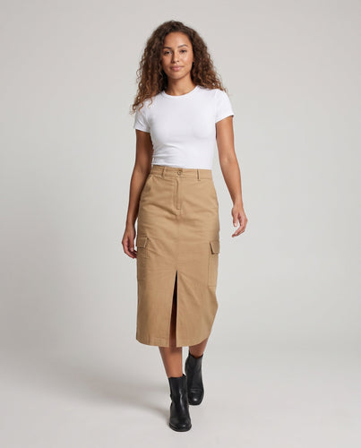 Damen Hochtaillierter Cargo‑Midirock mit Frontschlitz und Aufgesetzten Taschen Echo Archiv
