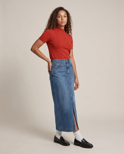 Damen Hochtaillierter Denim-Midirock mit Frontschlitz und geradem Schnitt Echo Archiv