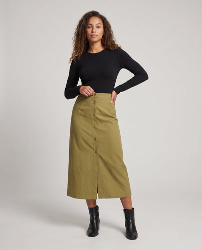 Damen Hochtaillierter gerader Midirock mit durchgehender Knopfleiste und Frontschlitz Echo Archiv