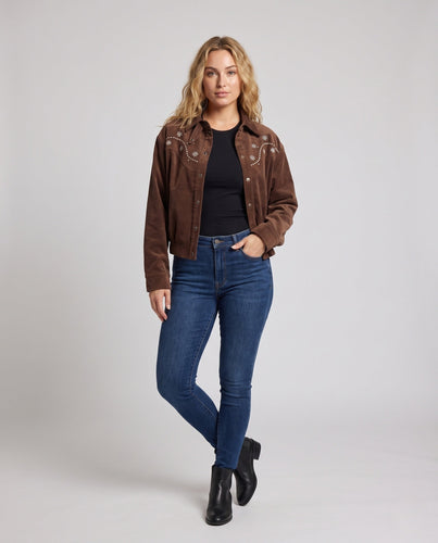 Damen Kurzjacke aus Velourslederoptik mit bestickten Sternmotiven und Westerndetails Echo Archiv