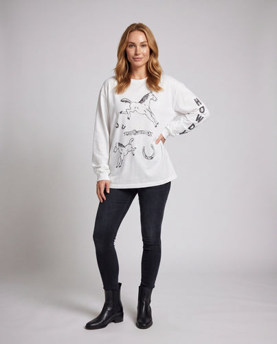 Damen Langärmeliges Oversize-Print-Shirt mit Western-Horse-Illustration Echo Archiv