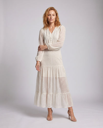 Damen Maxikleid mit transparenter Chiffon‑Qualität, Schweizer‑Punkteffekt, V‑Ausschnitt und Volantstufen Echo Archiv