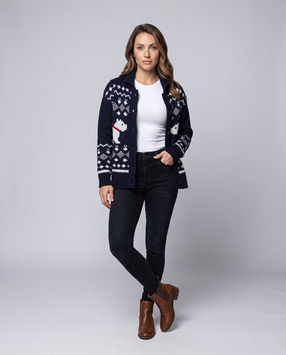 Damen Norweger-Strickcardigan mit Hunde‑Motiv, Knopfleiste und Schalkragen Echo Archiv
