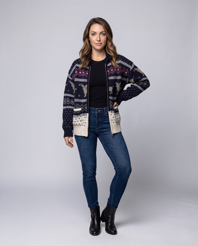 Damen Norwegermuster-Strickjacke mit Reißverschluss, Oversize-Schnitt und Rippenbündchen Echo Archiv
