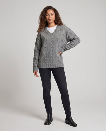 Damen Oversized V-Ausschnitt Grobstrickpullover mit verlängerten Ärmeln Echo Archiv
