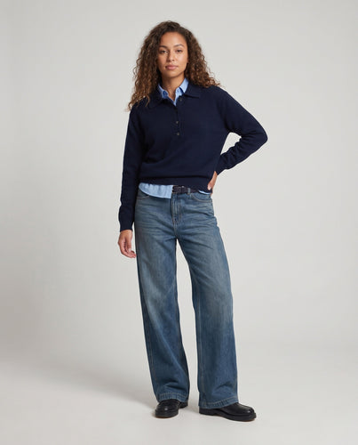 Damen Polokragen-Pullover mit Knopfleiste und lockerer Passform Echo Archiv