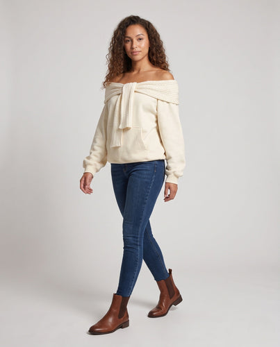 Damen Schulterfreier Strickbolero mit Wickelfront und extraweiten Ärmeln Echo Archiv