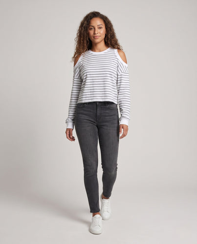 Damen Schulterfreies gestreiftes Cropped-Langarmshirt Echo Archiv