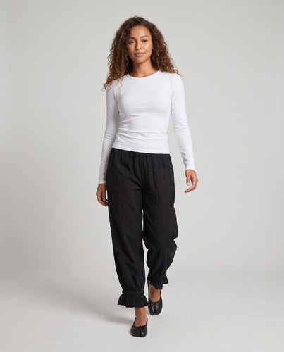 Damen Weite Leinenoptik-Hose mit elastischem Bund und Volantbündchen Echo Archiv