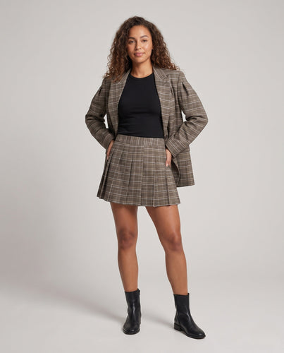Damen Zweiteiliges Glencheck-Blazer- und Plissee-Minirock-Set mit Oversize-Schulter Echo Archiv