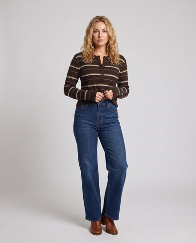 Damen Fein gestreiftes Henley-Longsleeve aus weichem Baumwollmix Echo Archiv
