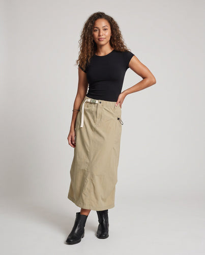 Damen Utility-Midirock mit elastischem Bund, Außengürtel und seitlichen Kordelzügen Echo Archiv