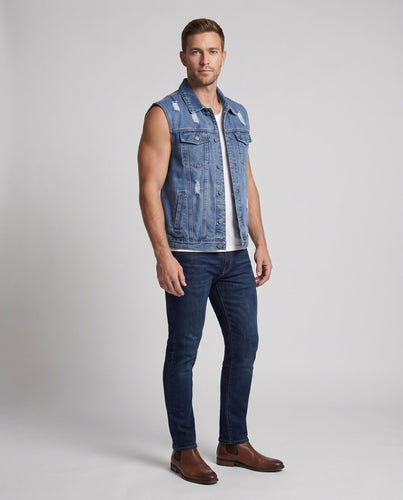 Herren Ärmellose Jeansweste mit Used-Effekten und Brusttaschen Echo Archiv